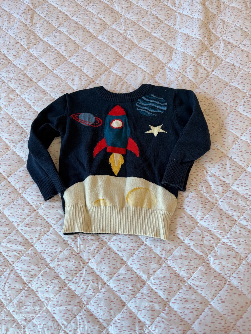 Andy & Evan Navy Rocket Space Sweater with Cream Hem and Red Accents